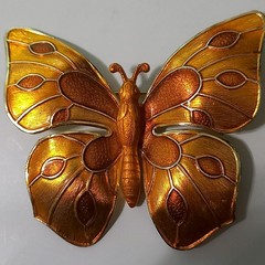 Vintage Made in Germany Enamel Butterfly Brooch Pin Orange Amber Gold Tone LARGE