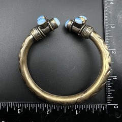 Vintage Brass Open Bangle Cuff Bracelet Blue Opalite Cabochons Boho Tribal