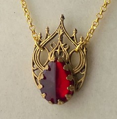 Victorian Revival Necklace Gothic Filigree Red Czech Glass Pendant