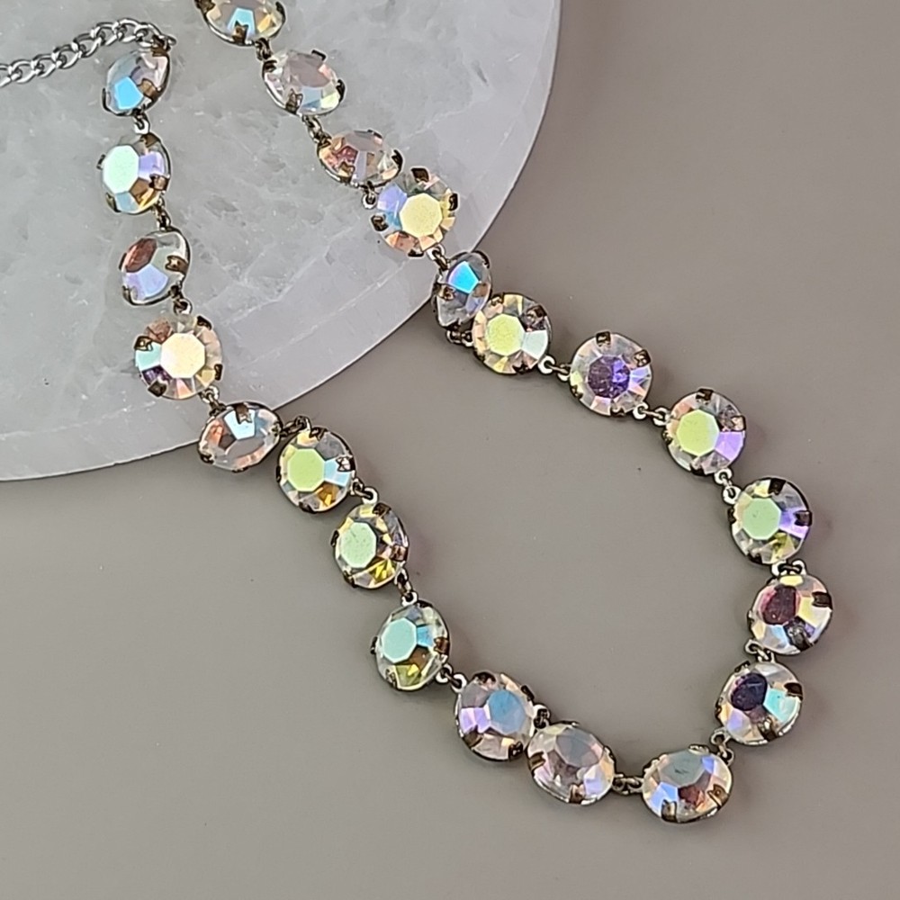 Vintage Open Bezel Necklace Aurora Borealis Round Linked Beads 17″