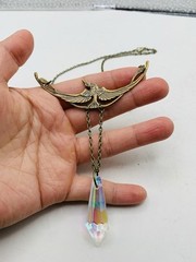Vintage Style Art Nouveau Oxidized Brass Crane Bird w/ Rainbow Bead Necklace