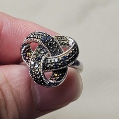 Sterling Silver Wide Band Ring – Wavy Pavé Black Stone Design Size 7 – 8.7 g