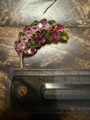 Vintage Gold Tone Domed Leaf Pin/Brooch w/ Pink and Green Prong Set Glass Stones