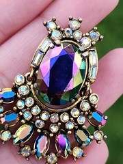 Vtg Hollycraft 1956 Peacock Blue Ab Clip Earrings Iridescent Glass Articulated