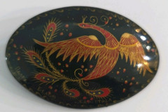 Hand Painted Bird 2.5″ Brooch Wood Made In Russia Vintage in Gift Box