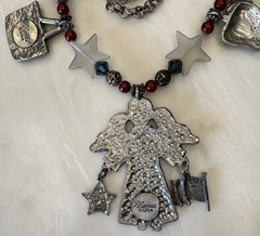 Marcie Signed 27” Pewter Charm & Beads Necklace PATRIOTIC Angel Picnic Sunflower