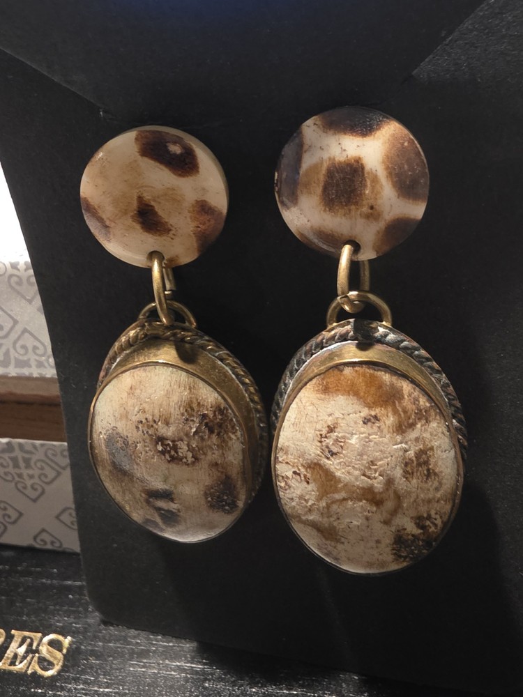 Vintage Silvertone Brown Beige Stone Jasper? 1.25” Dangle Post Earrings