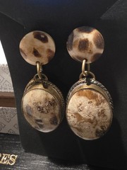 Vintage Silvertone Brown Beige Stone Jasper? 1.25” Dangle Post Earrings