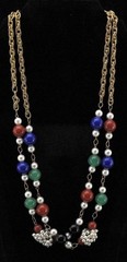 Vintage GEOFFREY BEENE Kramer Long Gold Tone Chain w Red Blue Green Pearl Beads