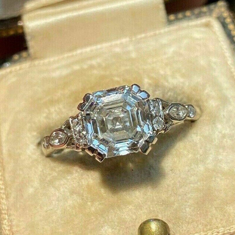 Art Deco 2CT White Asscher Cut Simulated Diamond Antique Style 925 Silver Ring