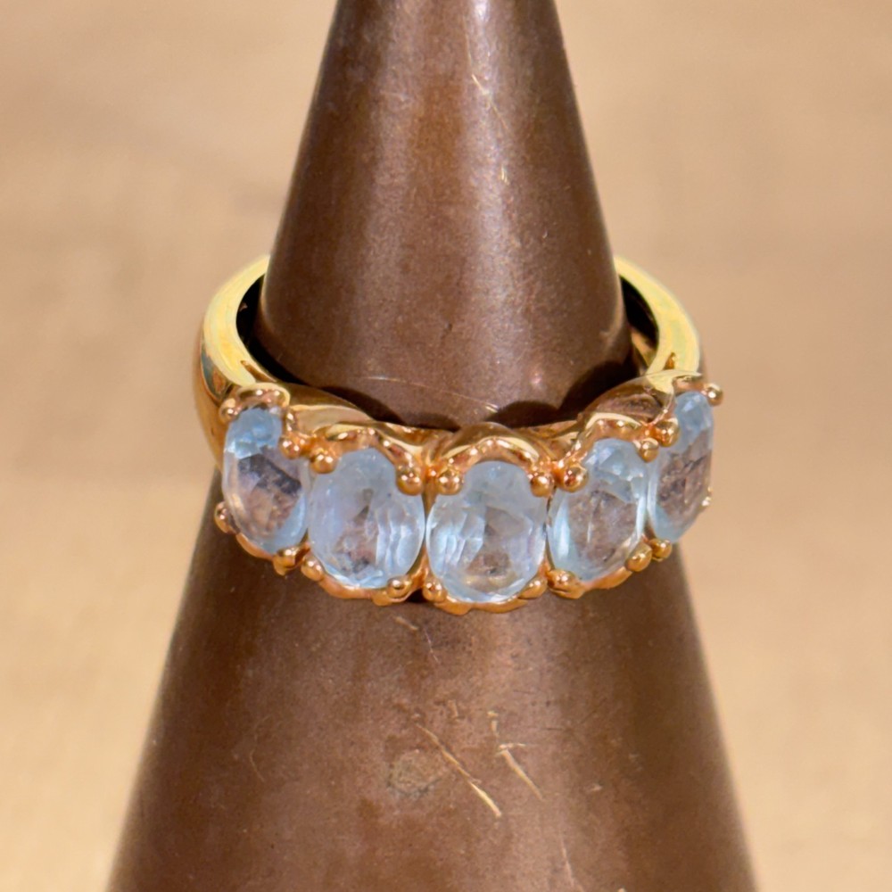 Gold Tone Costume Ring w Channel Set Blue Stones, China Sz 8.75