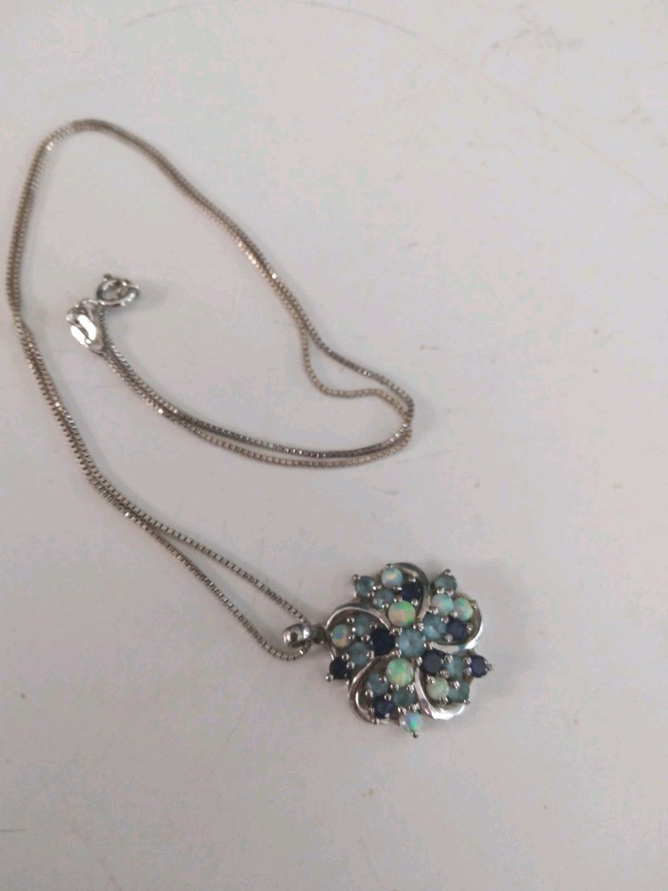 Floral 925 Sterling Silver Flower Pendant Necklace Opal Light & Dark Blue Topaz