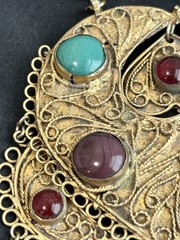 Vintage Brass Persian Kashmir Gemstone Necklace Hammered Bib Statement No Chain
