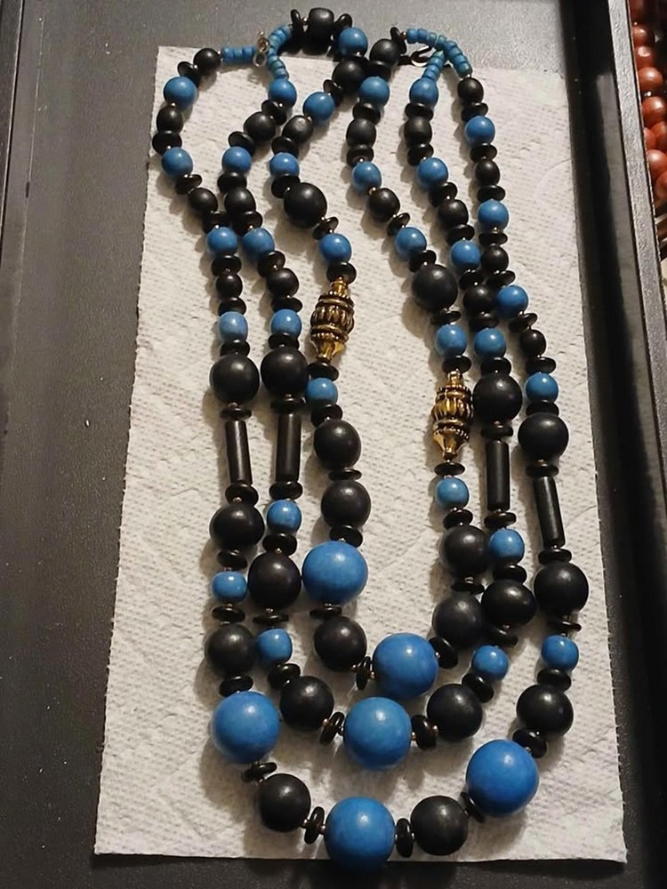 Vintage Necklace Blue Black Wood Bead Triple Strand Gold Tone Accents