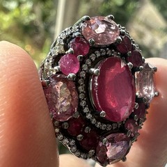 Vintage Cocktail Ring Size 5.75 Natural Tourmaline Ruby Gems 925 Sterling 7.0g