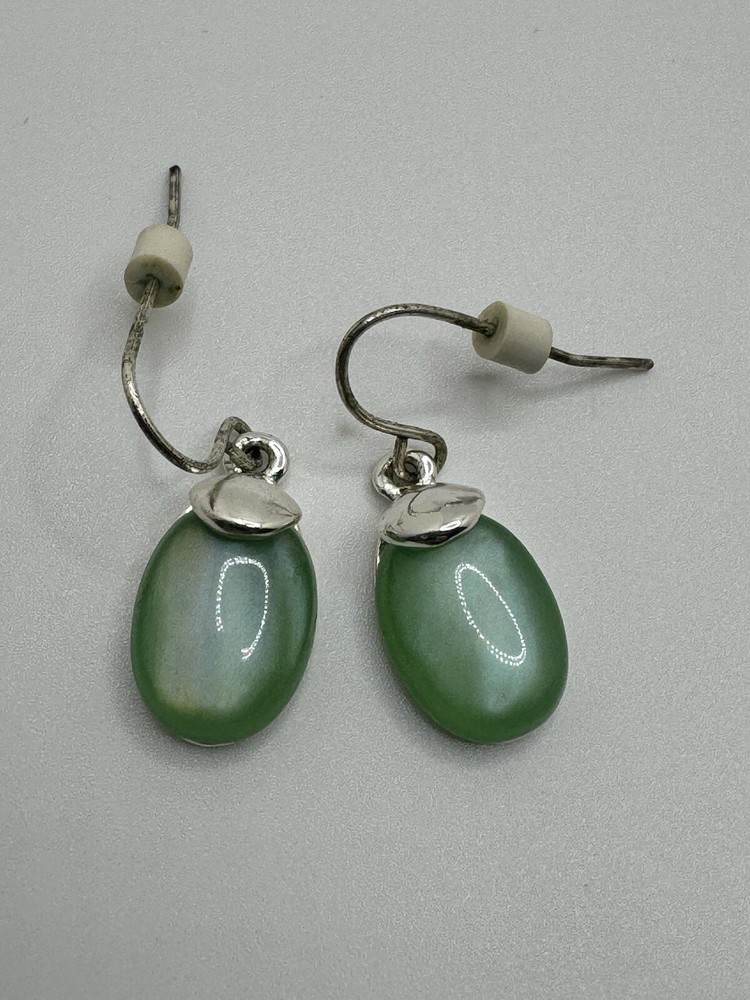 VINTAGE DANGLE EARRINGS SILVER GREEN ENAMEL SIGNED KC