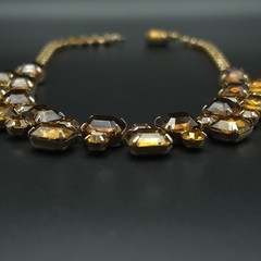 Vintage 1950s Amber Brown Rhinestone Bib Necklace Gold Tone 16 Inch