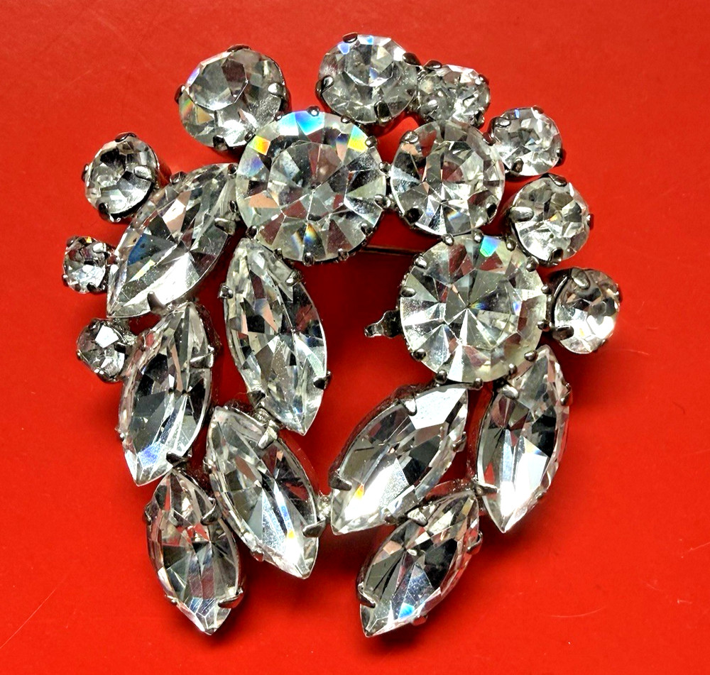 vintage Austria clear rhinestone brooch pin silver tone faceted crystals prongs