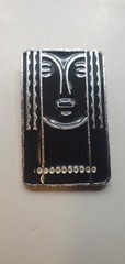 3 Brooches: Tribal Peacock Feather Clay Mask, RITZ Pewter Face, Bar W/ Charms
