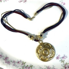 1980s Medallion Necklace Pendant 5 Strand Cord Large Statement Gold Tone Beads