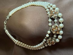 Vintage 1950s Triple Strand Faux Pearl Champagne Rhinestone Statement Choker