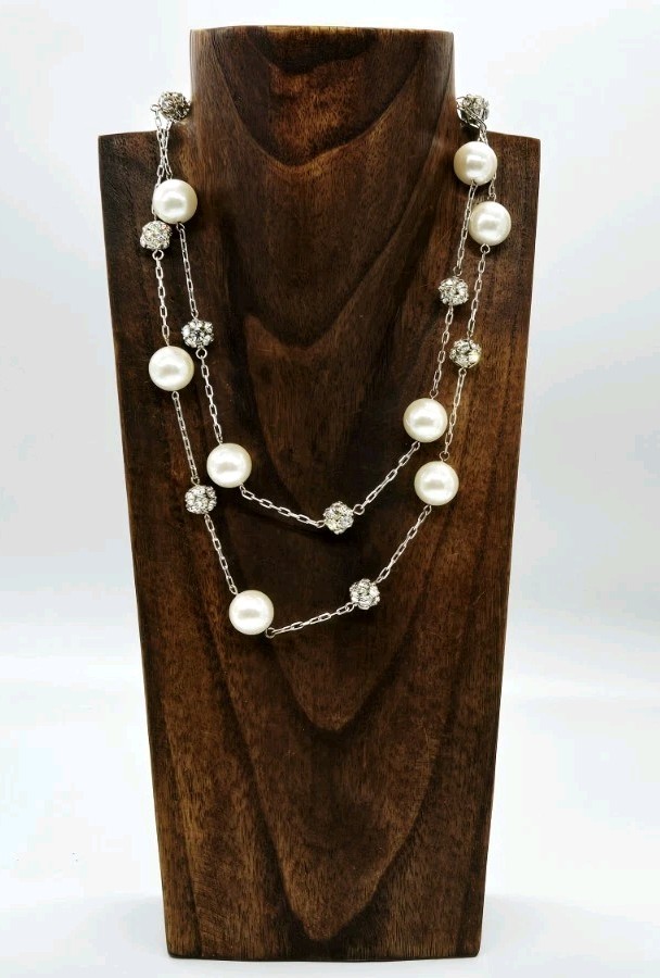 Carolee Vintage Necklace Crystal Accent Faux Pearl Extra long Silver tone 36 in