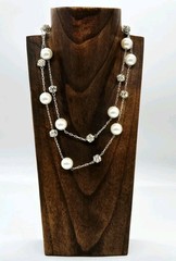 Carolee Vintage Necklace Crystal Accent Faux Pearl Extra long Silver tone 36 in
