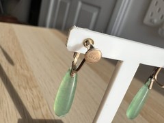 Vintage 10K Gold Jade & Pearl Drop Earrings 3.62g Screw Back Earrings