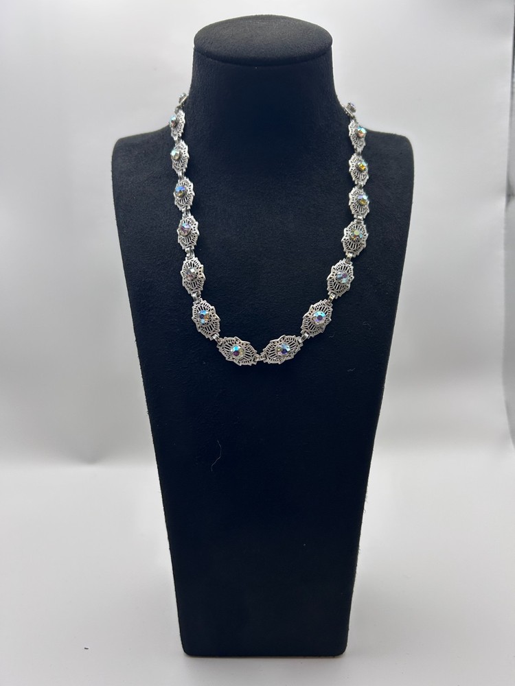 Vintage Style Aurora Borealis Rhinestone Filigree Necklace Silver Tone AB Crysta