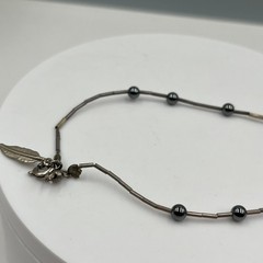 Vintage Liquid Silver Bead Bracelet Hematite Purple Glass Leaves Feather Charm