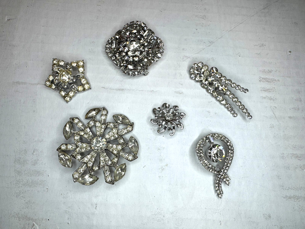 Vintage Crystal Clear Rhinestone Brooch and Pendant Lot of 6 1940s 1950s 1960s
