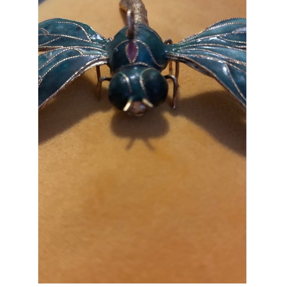Vintage Cloisonne Enamel Dragonfly Green Teal Large Insect Pendant Ornament