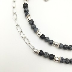 Silver Schark Handmade Sterling Silver & Snowflake Obsidian Necklace 15-18” #94