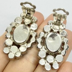 Vtg Juliana D&E Book Piece Cat Eye Glass Cabochon Earrings Red Clear Silver Clip