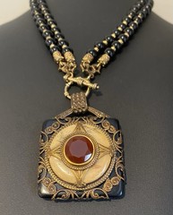 Vtg PATRICE Brass Carnelian Onyx Double Strand Bead Pendant Necklace Earring Set