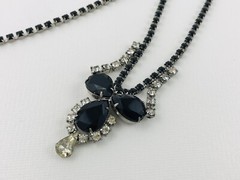 Vintage Estate Jet Black Clear Glass Rhinestone Necklace Elegant Long 24″