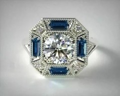 Art Deco Style Lab Created Diamond & Sapphire Wedding 14k White Gold Finish Ring