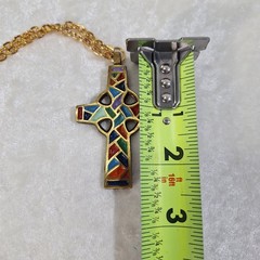 1969 Israel Terra Sancta Guild Brass Multicolor Enamel Cross 28 in Pend Necklace