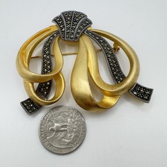 Vintage JUDITH JACK Brooch Sterling Silver Marcasite & Gold Plated Metal 3” Pin