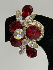 Vtg 80s Glamour Red AB Rhinestone Clip On Earrings Goldstone Made In USA Climber