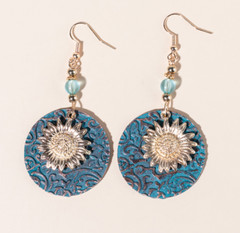 Bohemian Boho Sunflower Daisy Hook Earrings Retro Double Layer Dangle Drop, Teal
