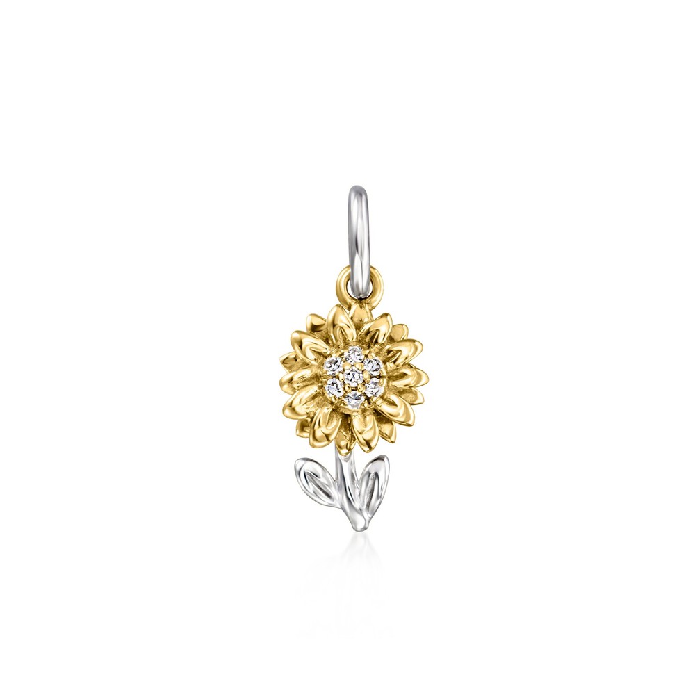 Ross-Simons Sterling Silver and 14kt Yellow Gold Sunflower Charm with Diamonds