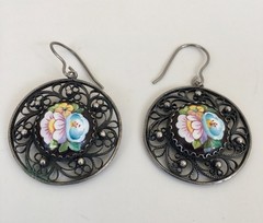 Vintage Painted Enameled Earring Soviet Cupronickel Finift Hand Wrought Filigree