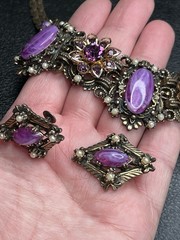 Vintage SELRO SELINI Gold Tone Purple Necklace & Earrings Book Piece Set