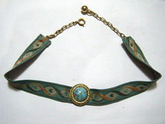 15.5″ Vintage Art Deco Choker Silk Ribbon Necklace Czech Art Glass/ Gold Frame