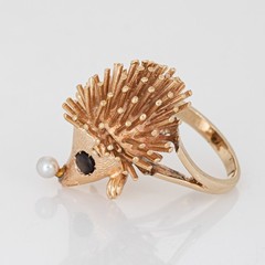 70s Vintage Hedgehog Ring 14k Yellow Gold Pearl Sapphire Eyes Sz 4.5 Jewelry
