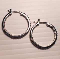 14K White Gold on Solid Sterling Silver 27mm Hoop Earrings Cubic Zirconia Stones
