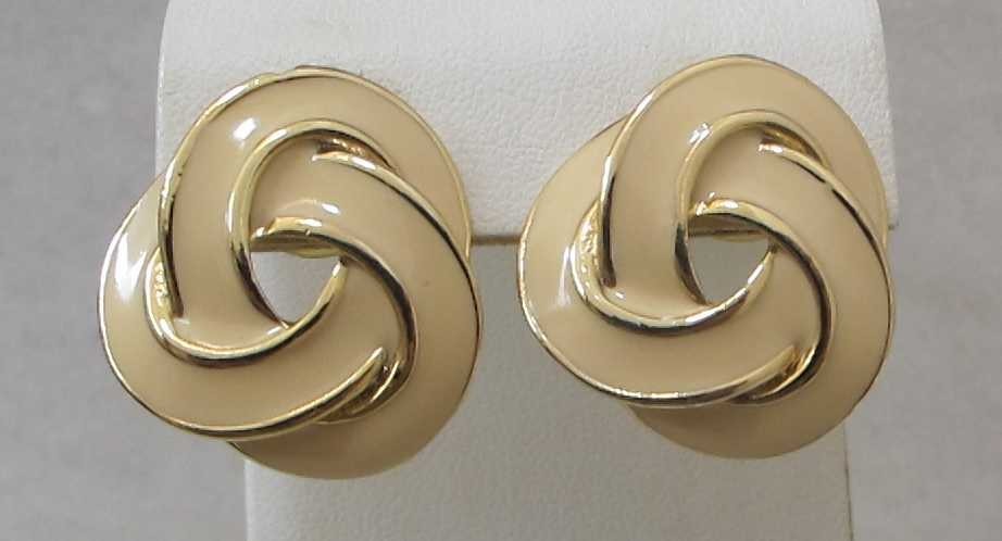 Vintage Cream Enamel Gold Tone KNOT Post Pierced 1” Earrings