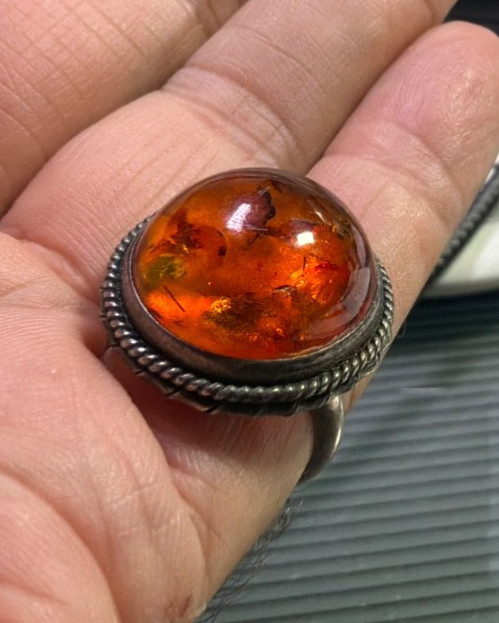 Vintage Large 18mm Dome Natural Baltic Amber Sterling Silver Ring