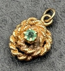 Victorian 14K Yellow Gold Love Knot Rope Texture Emerald Pendant Or Charm VTG
